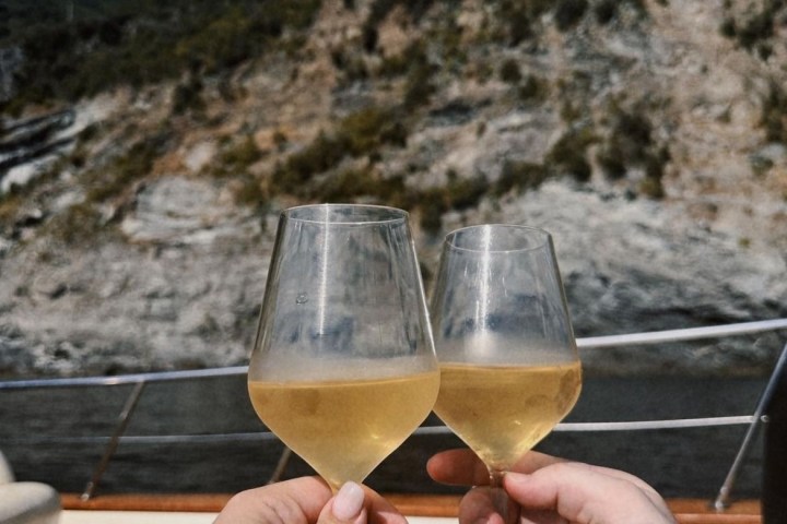 Two hands holding wine glasses on a boat with mountains in the background.