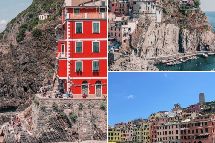 Collage of colorful coastal villages with rocky cliffs and sea views.