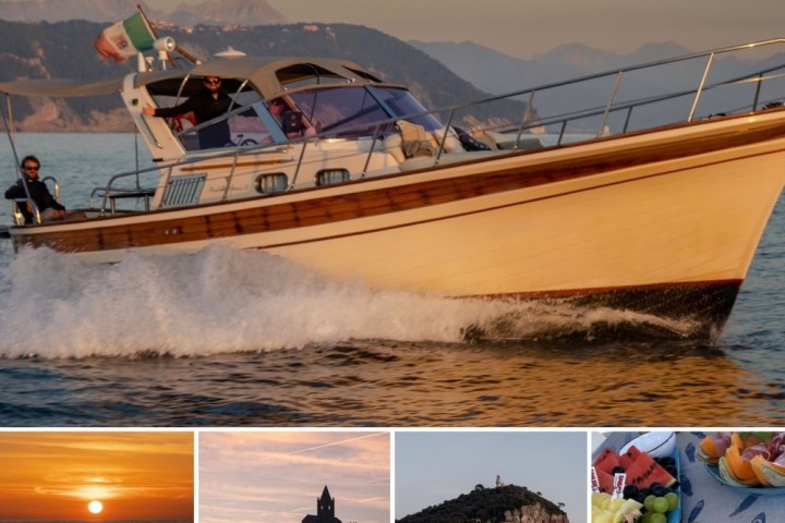 Collage: boat on water, sunset, coastal buildings, fruit platter with bread