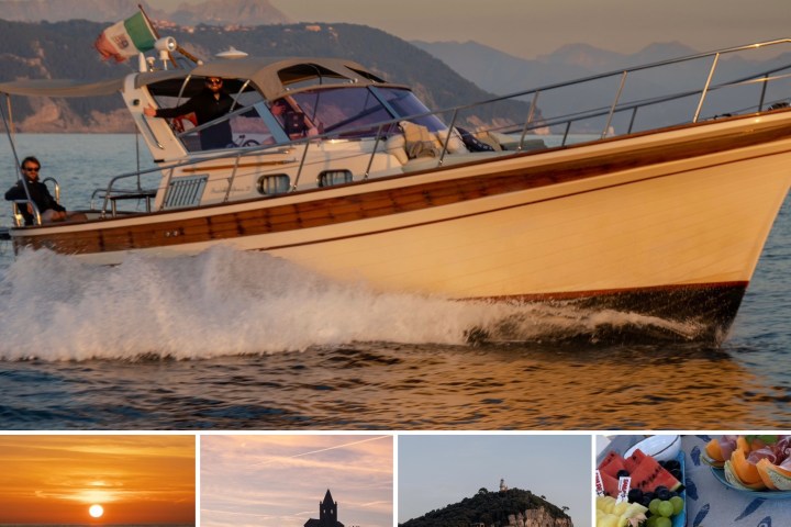 Collage: Boat at sea, sunset, coastline, and plate with food.