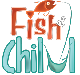 Logo with 'Fish & Chill,' featuring a fish and hook as design elements.