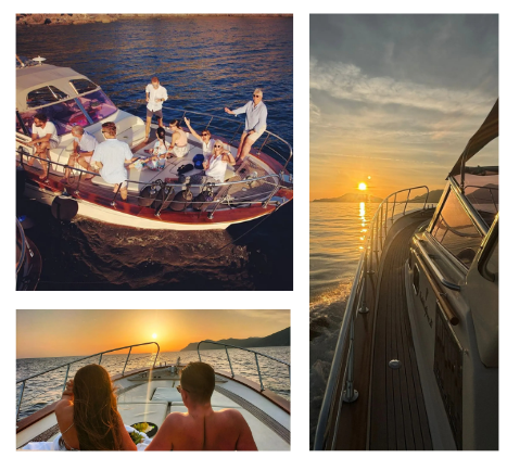 Collage of sunset boat scenes: people dining, watching, and a boat cruising.
