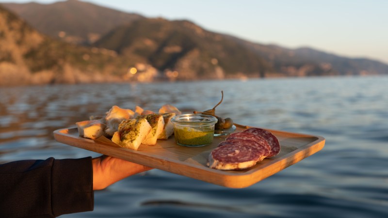 A hand holding a tray with food by the sea, mountains in the background.
