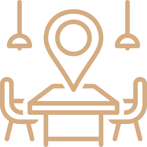 Icon of a dining table, chairs, and location pin with hanging lights.