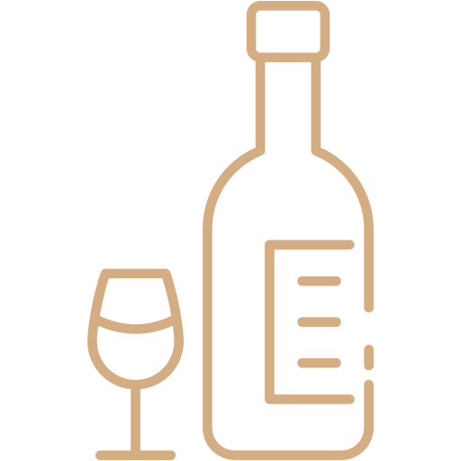 Orange line icon of a wine bottle and glass.