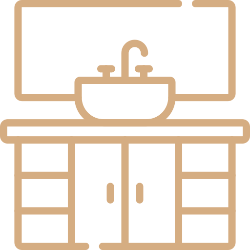 Line drawing of a bathroom sink and mirror on a vanity cabinet.